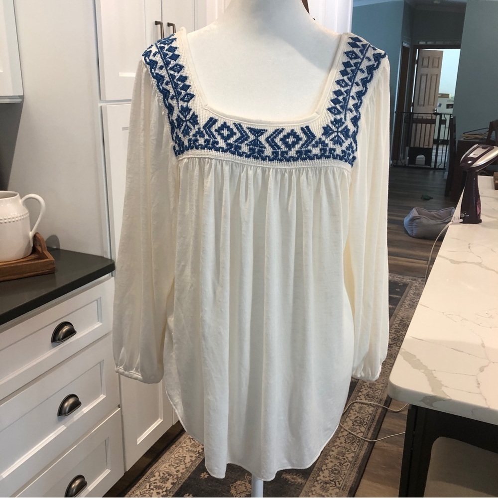 Joe Boxer White Blue Embroidered Peasant Square Neck Blouse Top Boho Coastal S